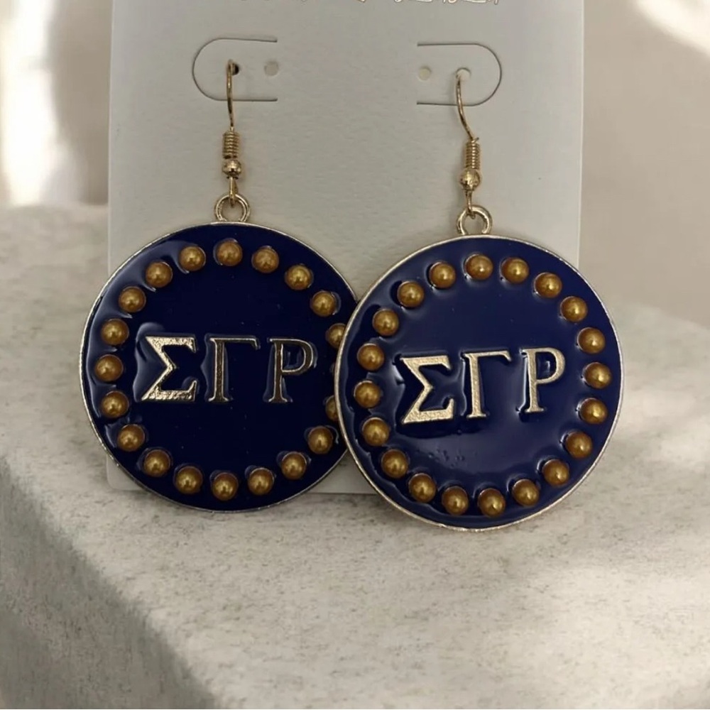 Sigma Gamma Rho Sorority Blue and Gold Round Earrings